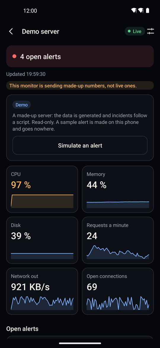 AI Security Monitor showing a server with open alerts and live readings
