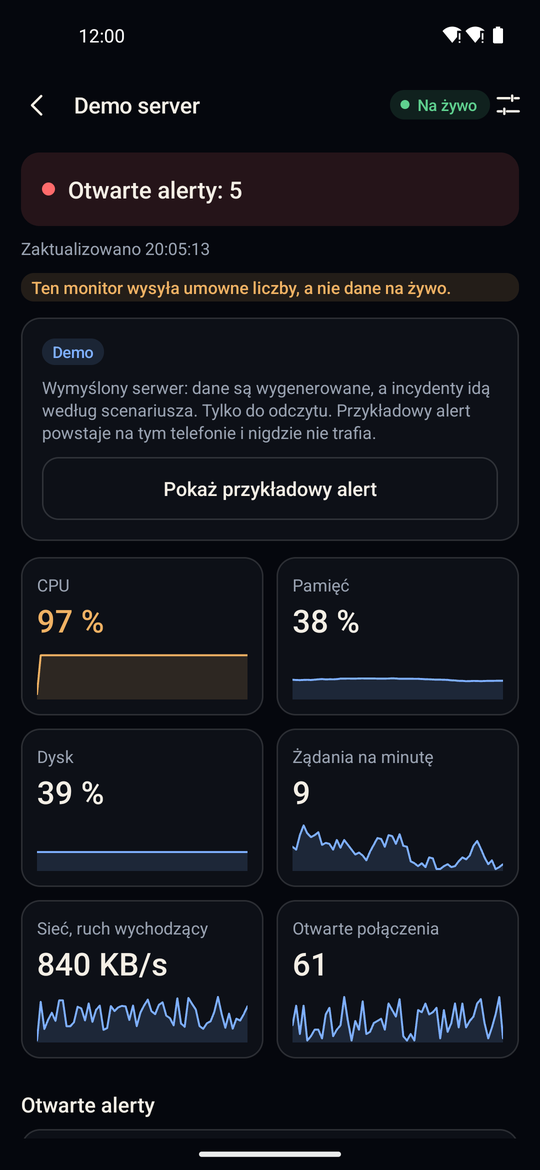 AI Security Monitor showing a server with open alerts and live readings
