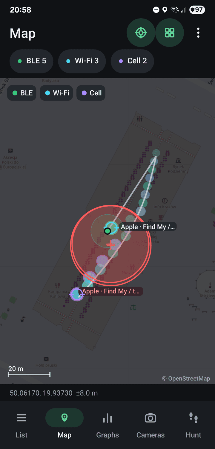 Signal readings placed on an OpenStreetMap map