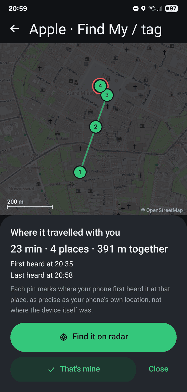 The trail on a map for one tag: 22 min, 4 places, 391 m together