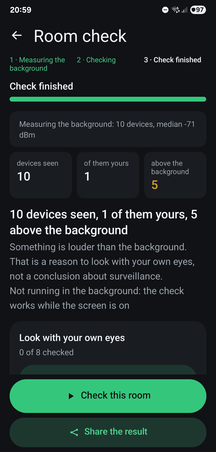 A finished room check: 10 devices seen, 1 of them yours, 5 above the background