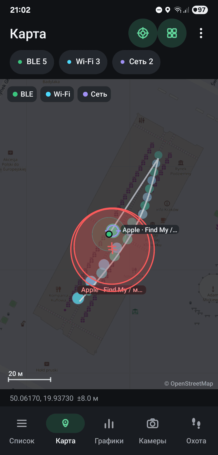 Signal readings placed on an OpenStreetMap map