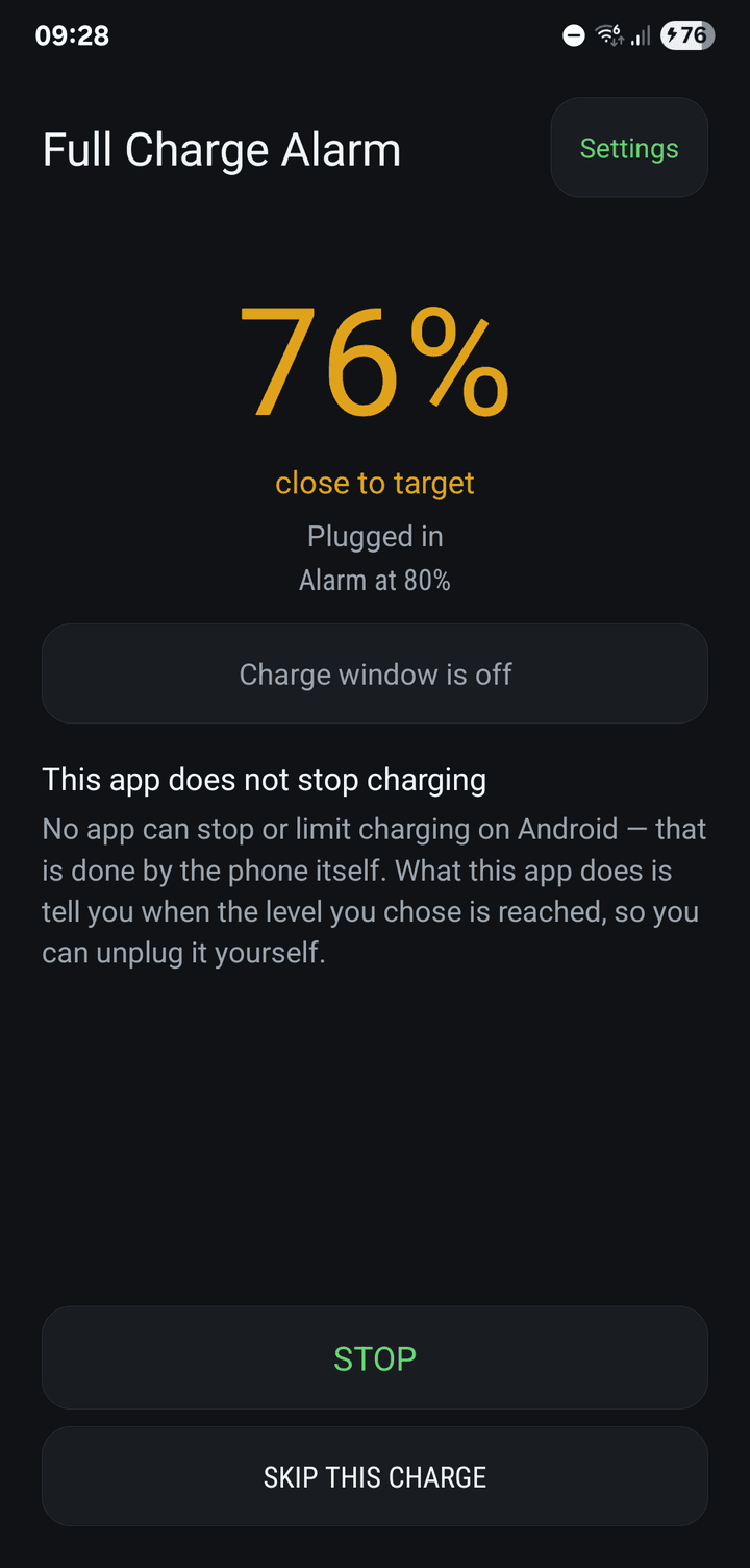 Full Charge Alarm showing the battery at 76% on charge, close to the alarm set at 80%