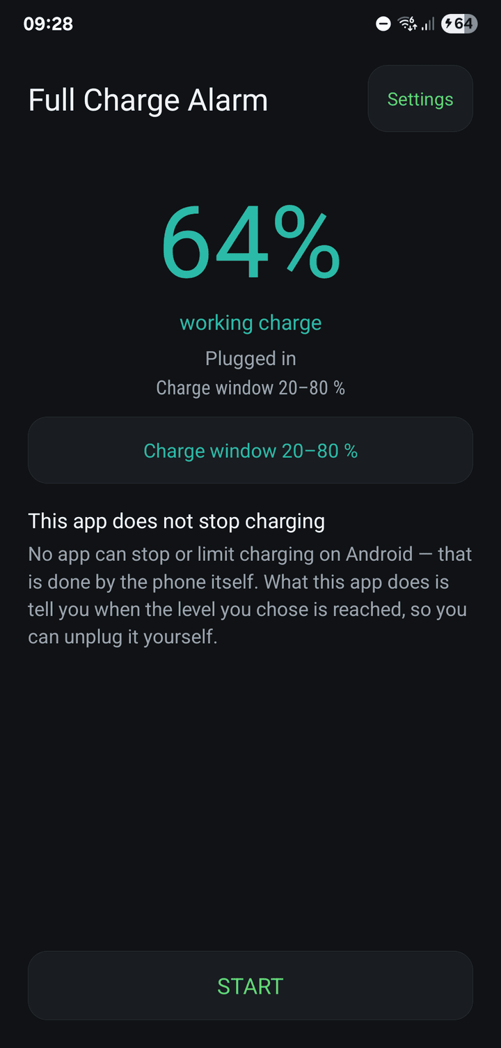The charge window from 20 to 80%, with the battery at 64% on charge