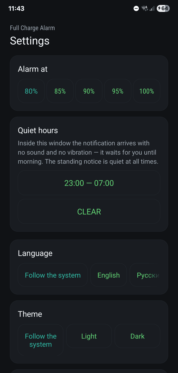 Settings with the alarm level from 80 to 100% and quiet hours