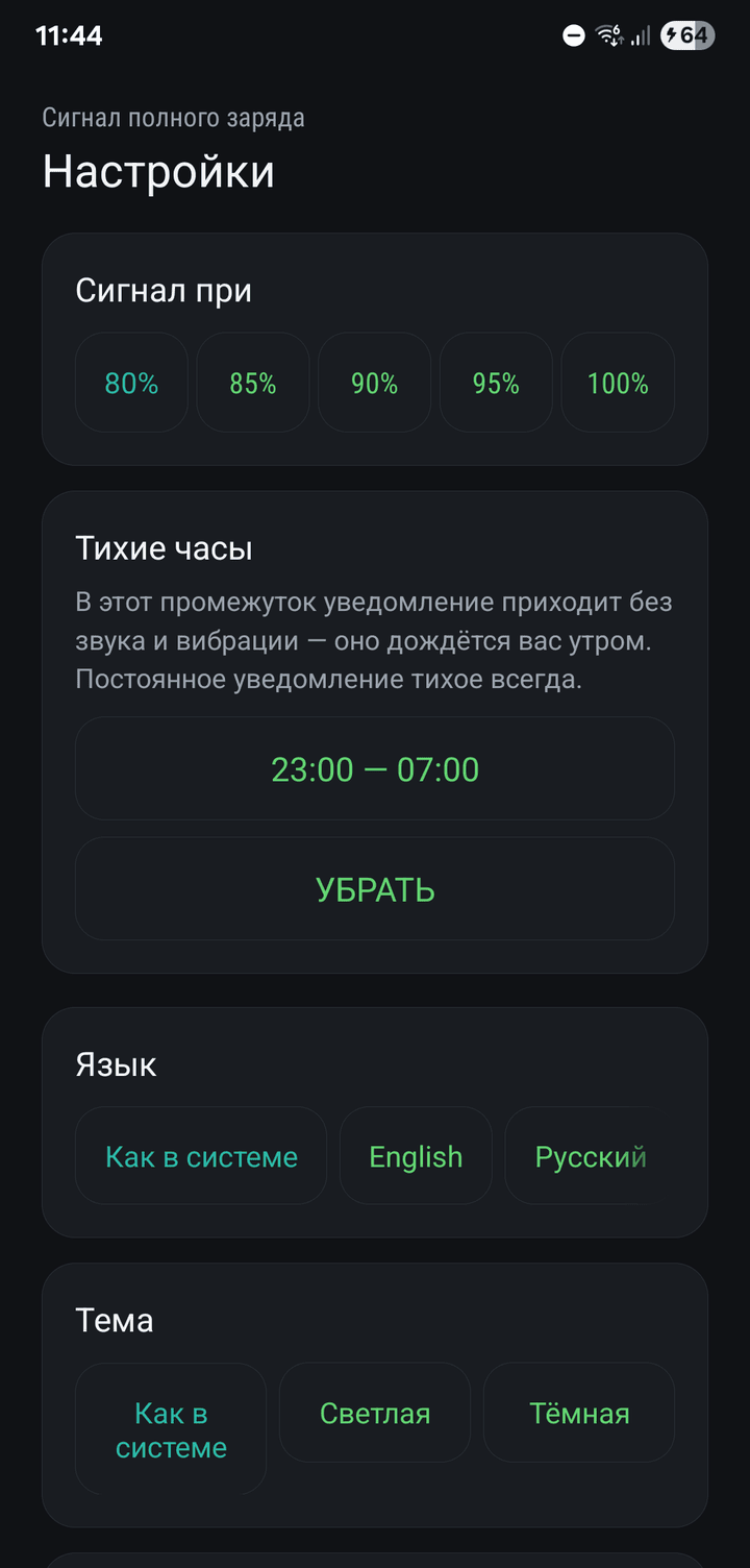 Settings with the alarm level from 80 to 100% and quiet hours