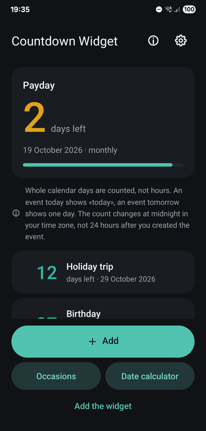 Countdown Widget showing three events with 2, 12 and 37 days left