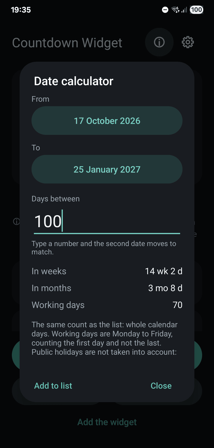 The date calculator: 100 days from 16 October 2026 to 24 January 2027, also in weeks, months and working days