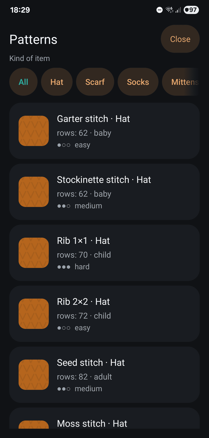 The pattern list with a filter by kind of item, showing rows, size and difficulty for each pattern