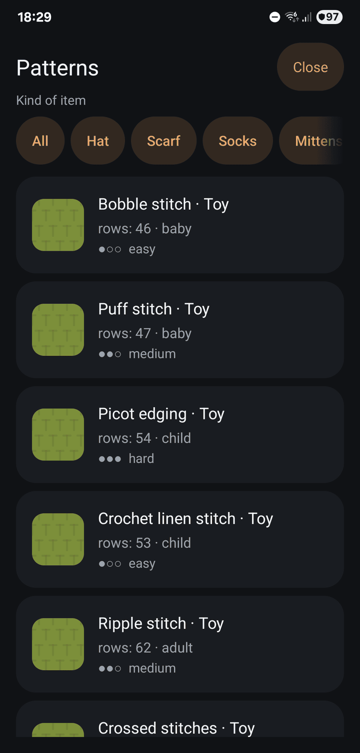 Crochet patterns for toys, each with rows, size and difficulty