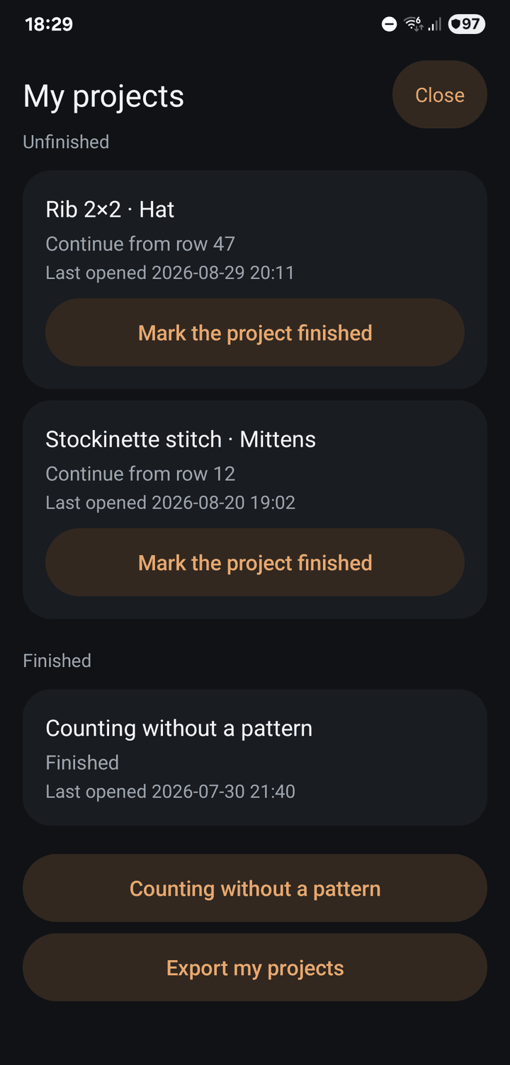 My projects: unfinished ones with the row to continue from, and a finished one