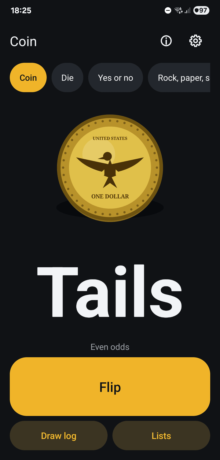 Coin Flip & Decide showing Heads in large type under the coin, above the Flip button