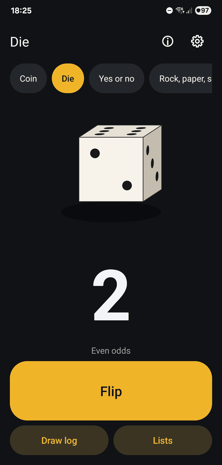A die showing 5 above the Flip button