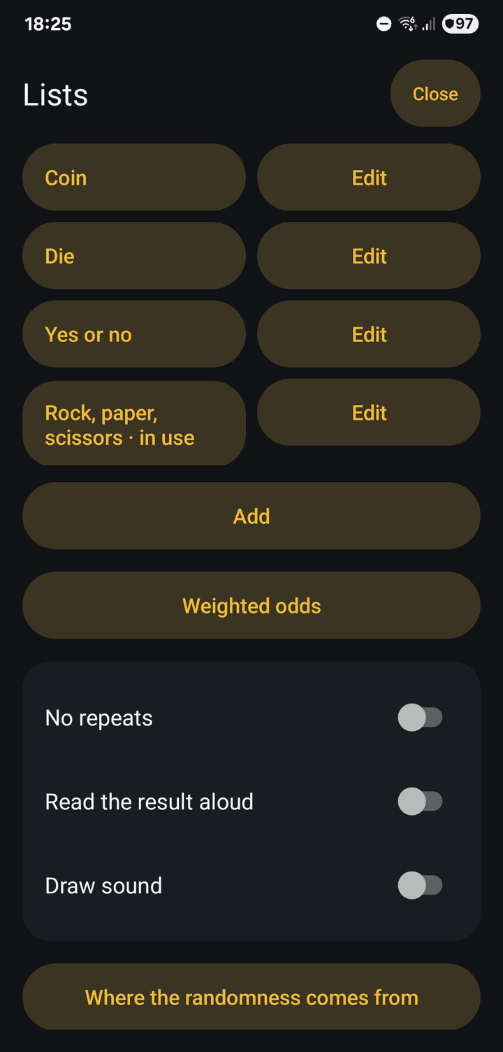 The lists, each with an Edit button, weighted odds and switches for no repeats, reading aloud and sound