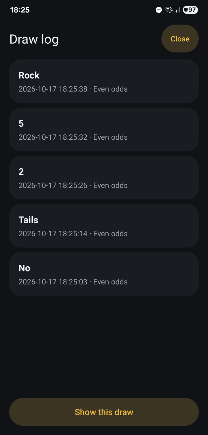 The draw log with each result, its time and the odds