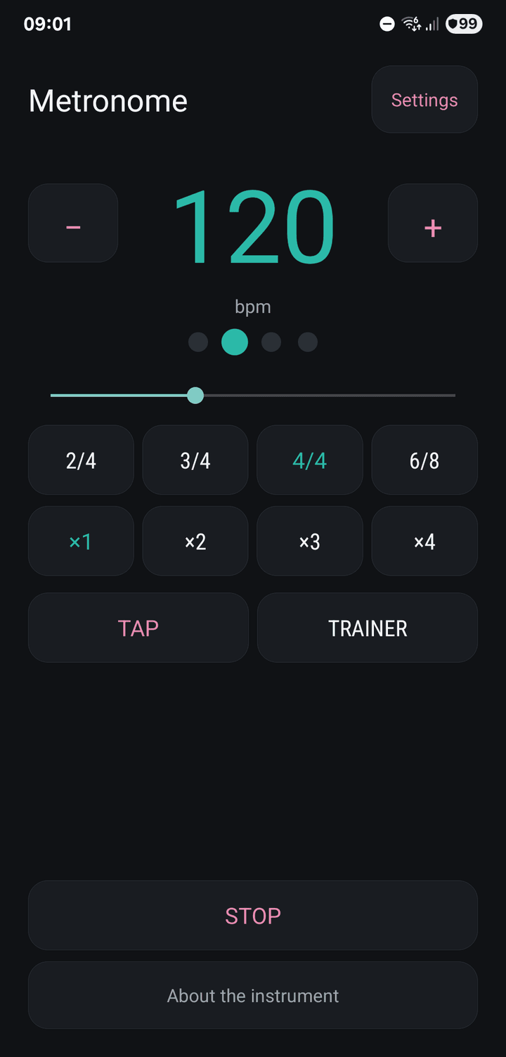 Metronome at 120 bpm in 4/4, with beat dots and a tempo slider