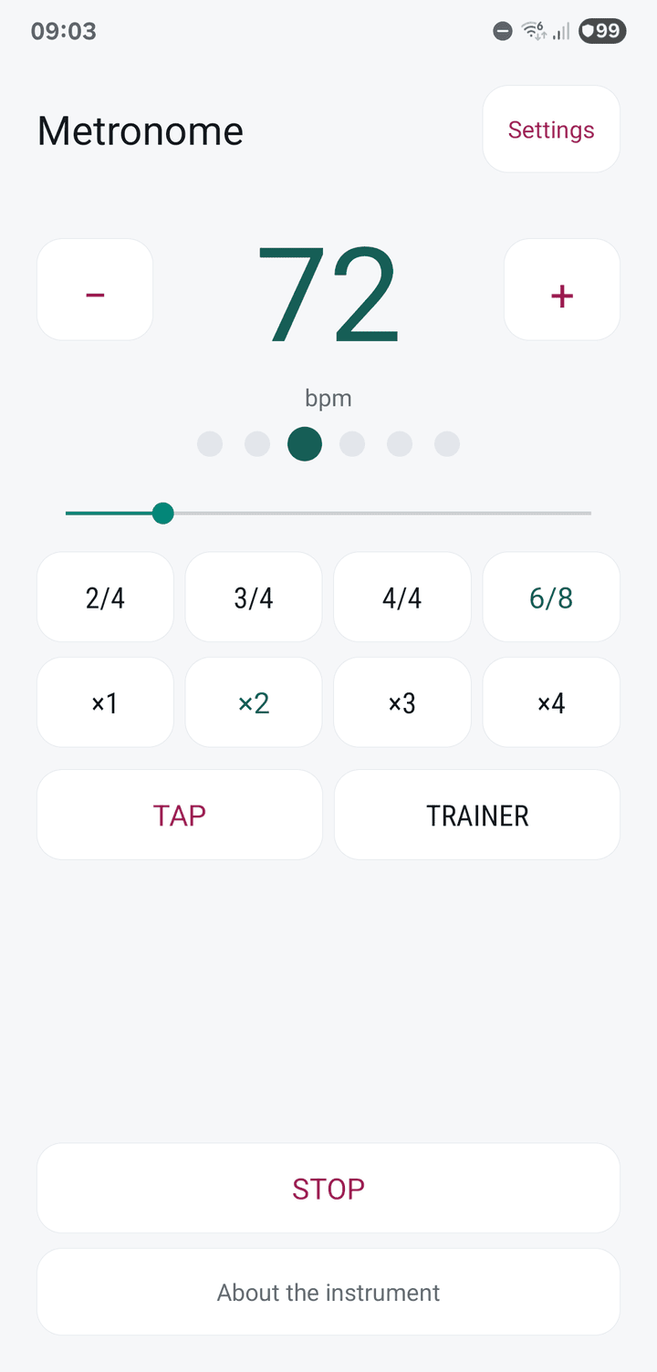 The light theme at 72 bpm in 6/8, with each beat split in two