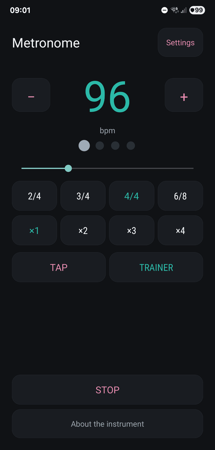 The trainer at 96 bpm, with the current bar left silent