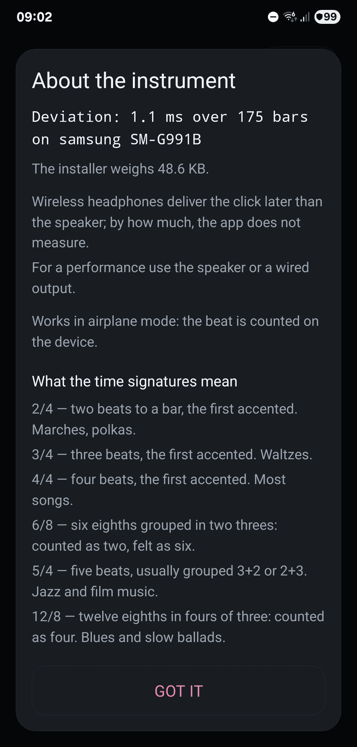 About the instrument: the measured timing deviation and what each time signature means