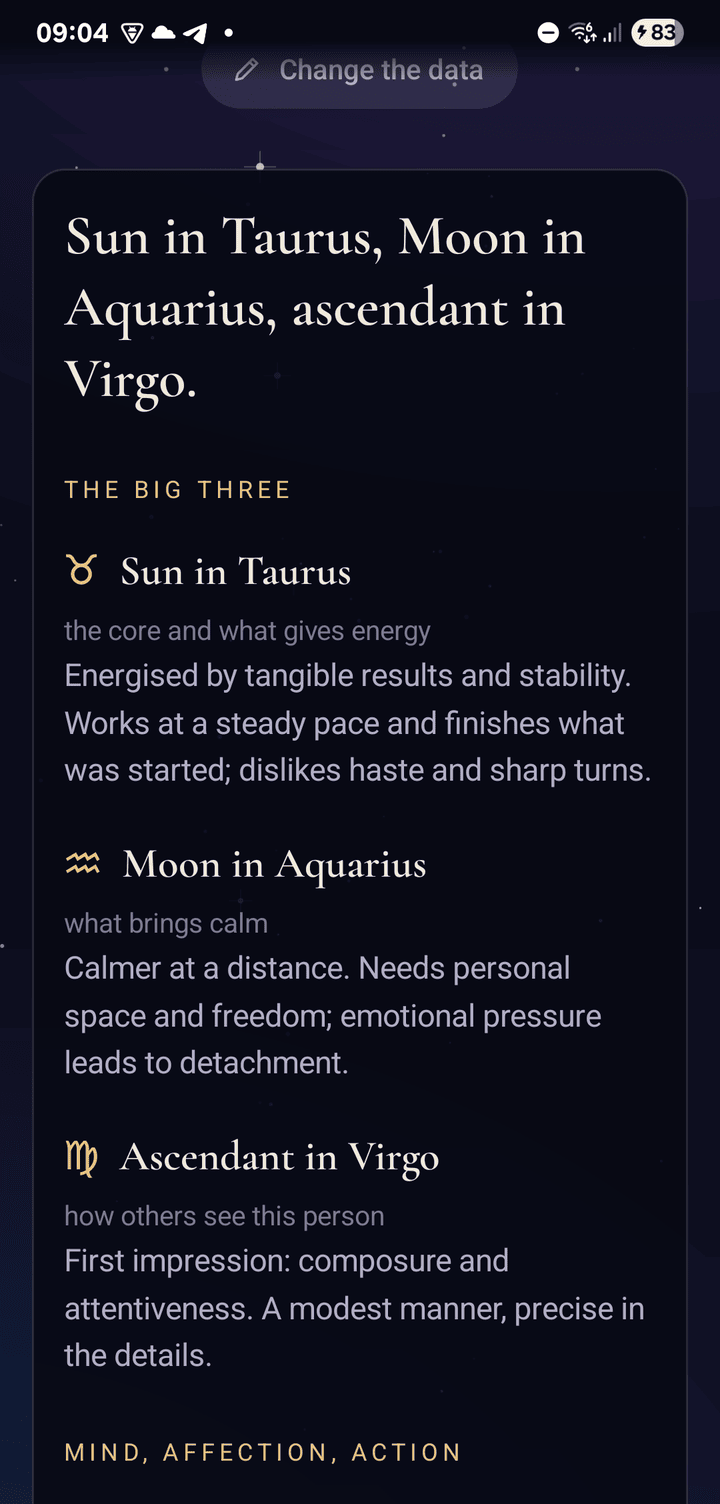 The reading of a chart: Sun in Taurus, Moon in Aquarius, ascendant in Virgo