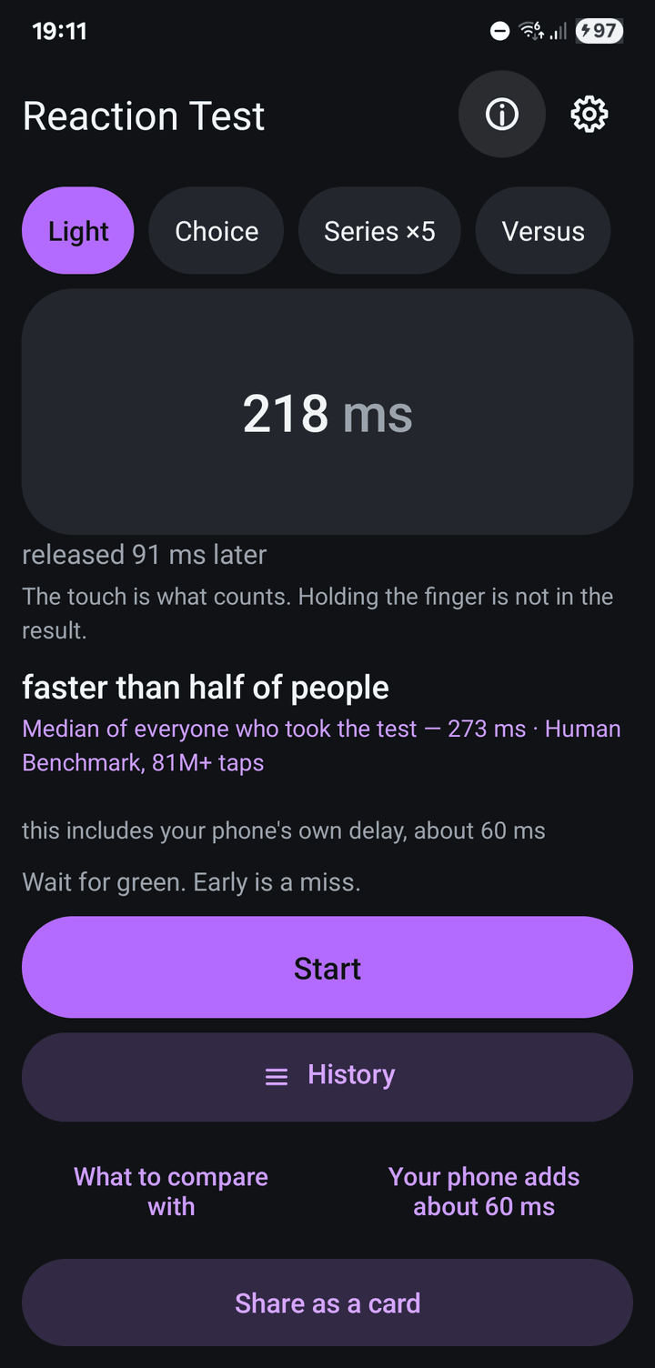 Reaction Test showing a result in milliseconds above the Start button