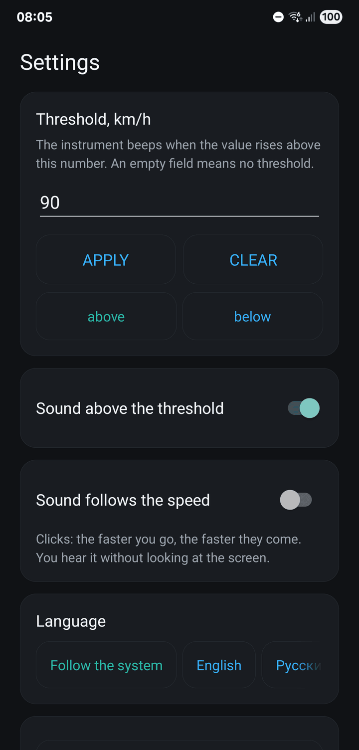 Settings with a speed threshold in km/h and two sound switches