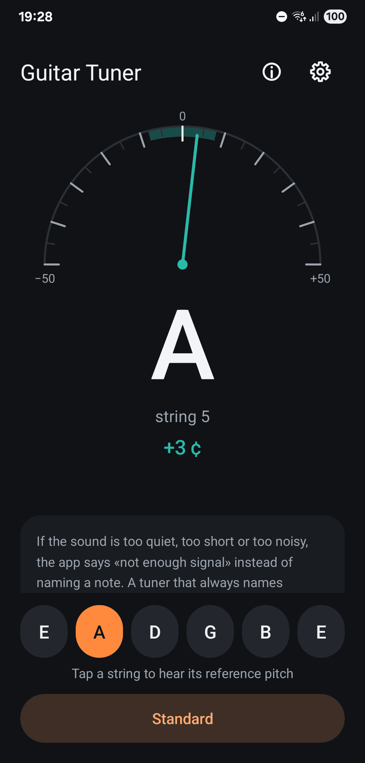 Guitar Tuner showing the A string, three cents flat, with the six strings of standard tuning below