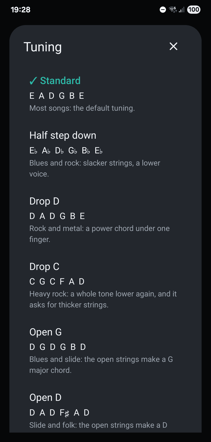 A list of tunings with their notes: standard, half step down, Drop D, Drop C, open G and open D