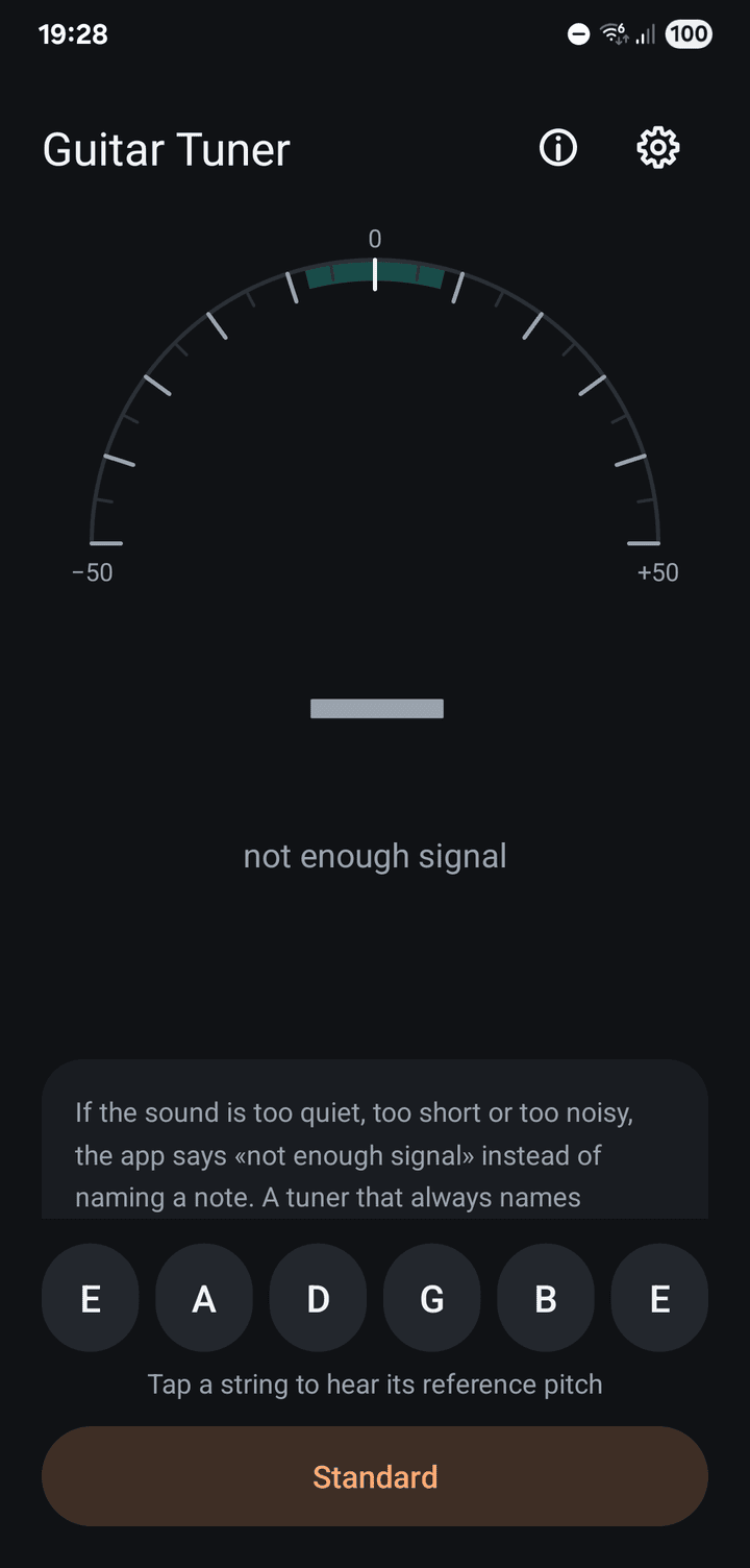 The tuner saying there is not enough signal instead of naming a note