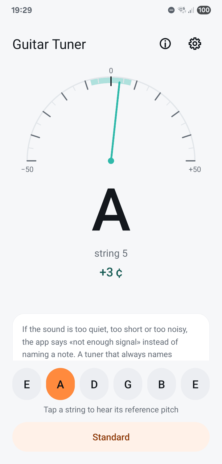 The tuner in the light theme, three cents sharp on the A string