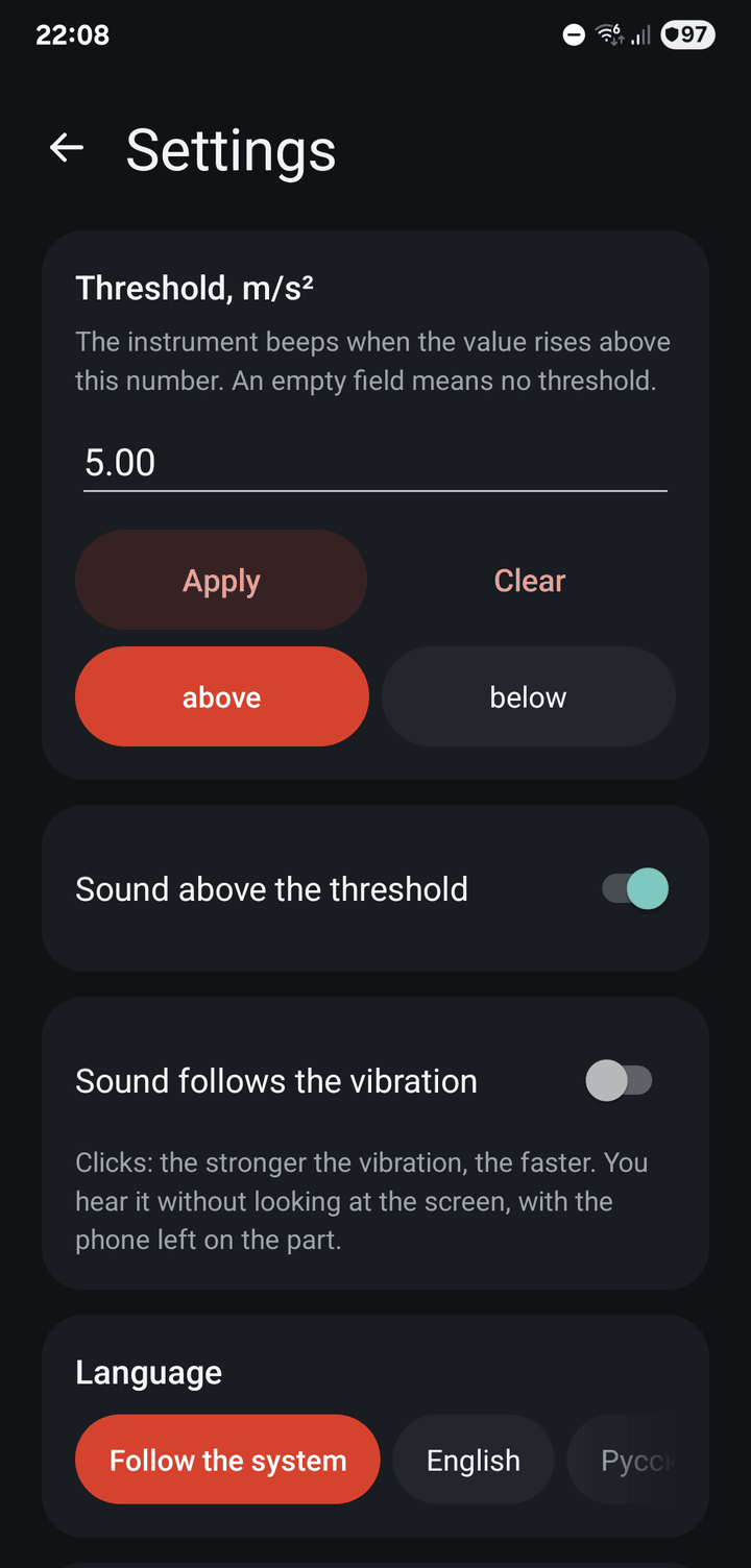 Settings with a threshold and sound options